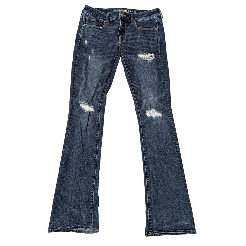 American Eagle Jeans Womens 8 Long Blue Bootcut Distressed Stretch X Low Rise